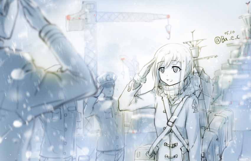 3boys :d backpack bad_id bad_pixiv_id bae.c bag bangs battleship belt coat crane dated eyebrows_visible_through_hair fubuki_(kantai_collection) gloves harbor hat hook kantai_collection machinery military military_uniform military_vehicle motion_blur multiple_boys open_mouth outdoors peaked_cap salute scarf ship short_hair smile snowing solo_focus sweater turtleneck twitter_username uniform warship watercraft winter winter_clothes winter_coat
