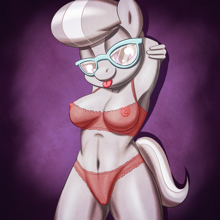 anthro arms_behind_head bedroom_eyes big_breasts breasts burgerkiss clitoris clothing equine erect_nipples eyewear female friendship_is_magic fur glasses grey_fur hair horse lingerie long_hair looking_at_viewer mammal my_little_pony navel nipples older pony purple_eyes pussy silver_spoon_(mlp) smile solo standing tongue translucent two_tone_hair