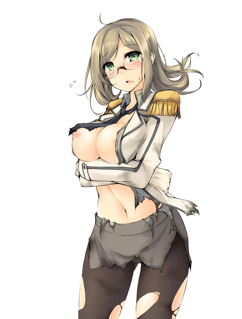 black_legwear breasts epaulettes glasses gloves green_eyes hair_down highres kaminagi_(kaminagi-tei) kantai_collection katori_(kantai_collection) large_breasts light_brown_hair long_hair looking_at_viewer military military_uniform miniskirt navel necktie nipples open_mouth pantyhose simple_background skirt solo torn_clothes torn_legwear uniform white_background