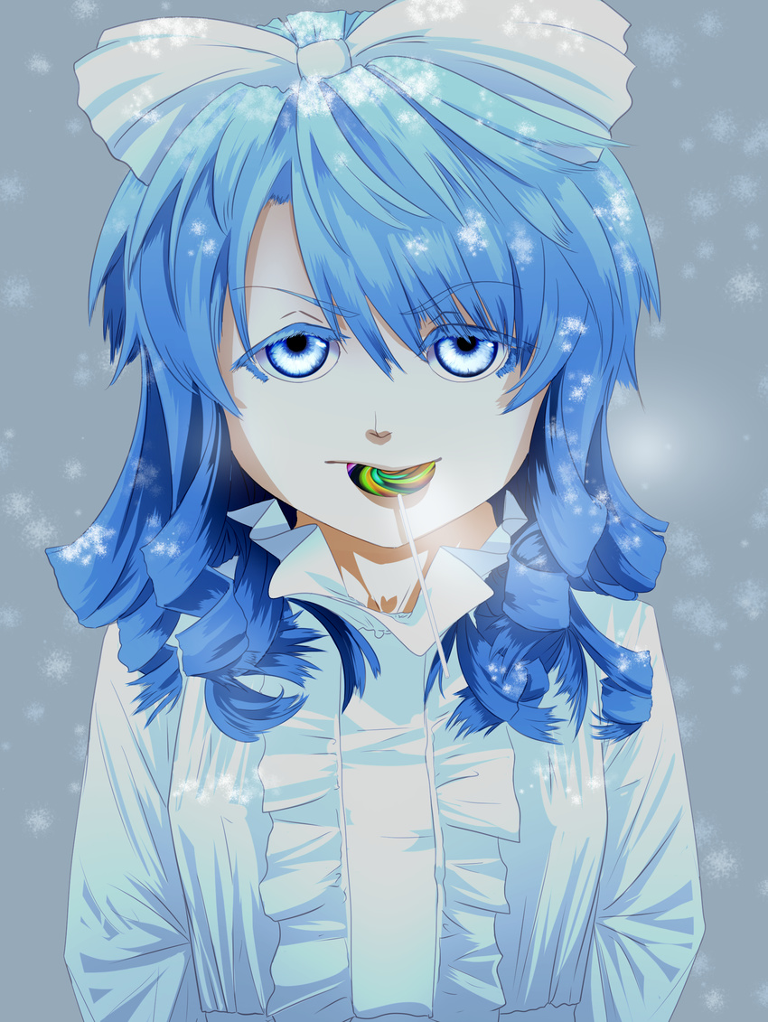 absurdres blue_eyes blue_hair candy drill_hair flytolive food hair_ribbon highres lollipop looking_at_viewer mai_(touhou) ribbon shirt snow solo touhou touhou_(pc-98)