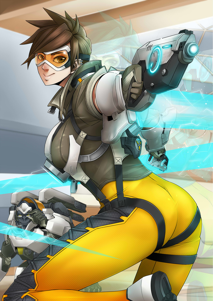 absurdres afterimage aiming ass black_hair bodysuit exaxuxer gameplay_mechanics goggles gorilla gun handgun highres neon_trim orange_bodysuit overwatch short_hair smile solo_focus spiked_hair tracer_(overwatch) weapon winston_(overwatch)