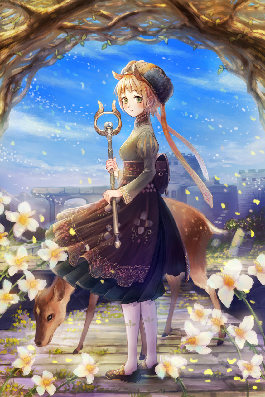 animal animal_ears apron blonde_hair blue_sky chain_chronicle cloud day deer flower forest green_eyes hat hat_ribbon highres juliet_sleeves long_sleeves nature pantyhose petals puffy_sleeves ribbon ruins shirt skirt sky solo staff sugi waist_apron