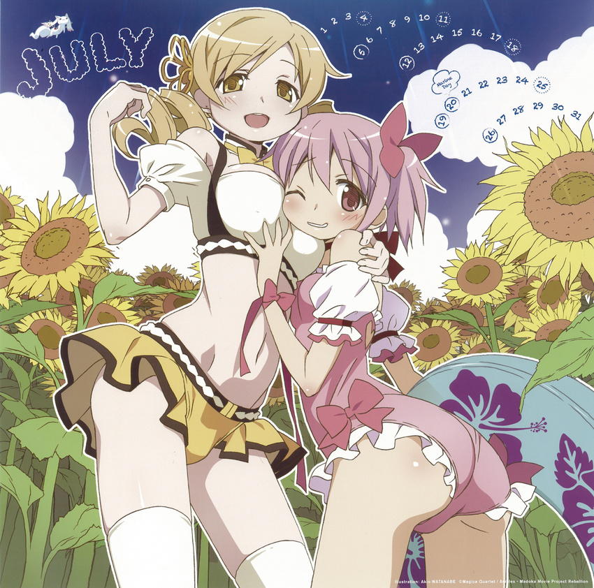 2girls :d adapted_costume ass between_breasts bikini blonde_hair breast_grab breasts calendar_(medium) casual_one-piece_swimsuit cheek-to-breast cloud day drill_hair flower grabbing hair_ornament hand_on_another's_chest head_between_breasts highres innertube july kaname_madoka kyubey mahou_shoujo_madoka_magica midriff multiple_girls navel number official_art one-piece_swimsuit one_eye_closed open_mouth pink_eyes pink_hair pink_swimsuit short_hair short_twintails smile sunflower swimsuit thighhighs tomoe_mami twin_drills twintails watanabe_akio white_legwear yellow_eyes