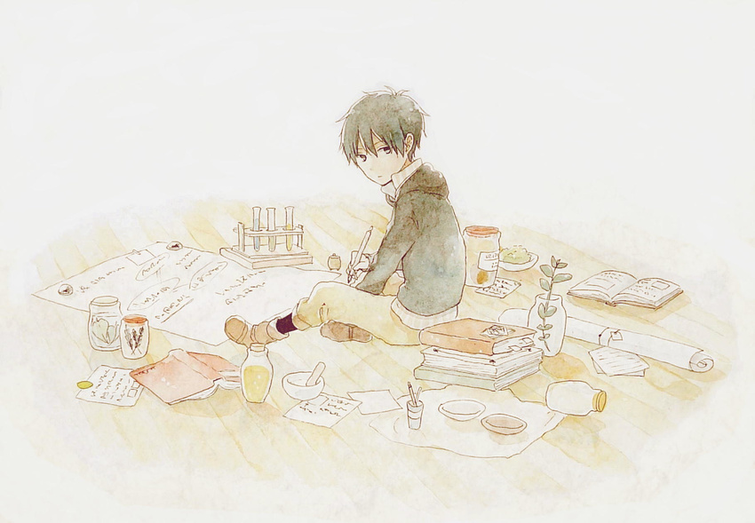 1boy akagami_no_shirayukihime black_hair book bookmark bottle bowl child highres male male_focus mortar paper pen pestle pharmacist plant ryuu_(akagami_no_shirayukihime) ryuu_(ans) scroll sitting solo sweater vase vial