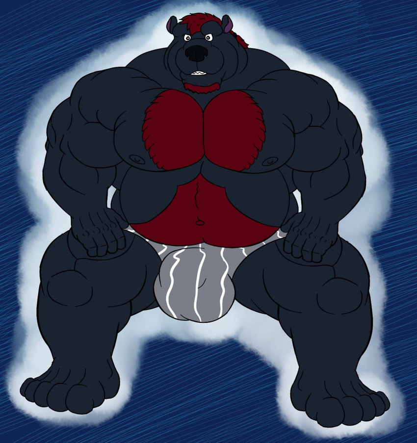 bear beard belly biceps big_muscles bulge chest_tuft chubby clothed clothing facial_hair fur half-dressed huge_muscles krosbar_(artist) male mammal muscles nipples overweight pecs sitting smile thong topless tuft