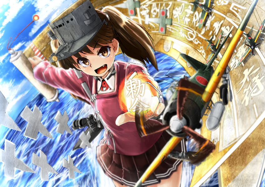 a6m_zero aircraft airplane blue_sky brown_hair cloud cloudy_sky day fang flight_deck hahaha hat japanese_clothes kantai_collection kariginu long_sleeves looking_at_viewer magatama miniskirt ocean onmyouji open_mouth outstretched_arm pleated_skirt ryuujou_(kantai_collection) shikigami short_twintails skirt sky smile solo twintails upper_body visor_cap