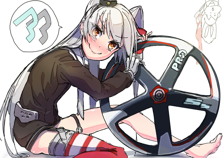 absurdres amatsukaze_(kantai_collection) bad_id bad_pixiv_id blush brown_eyes dress fukurou_(suga0930) garter_straps hair_tubes highres kantai_collection long_hair looking_at_viewer sailor_dress short_dress silver_hair single_thighhigh sitting smile solo striped striped_legwear thighhighs two_side_up wheel