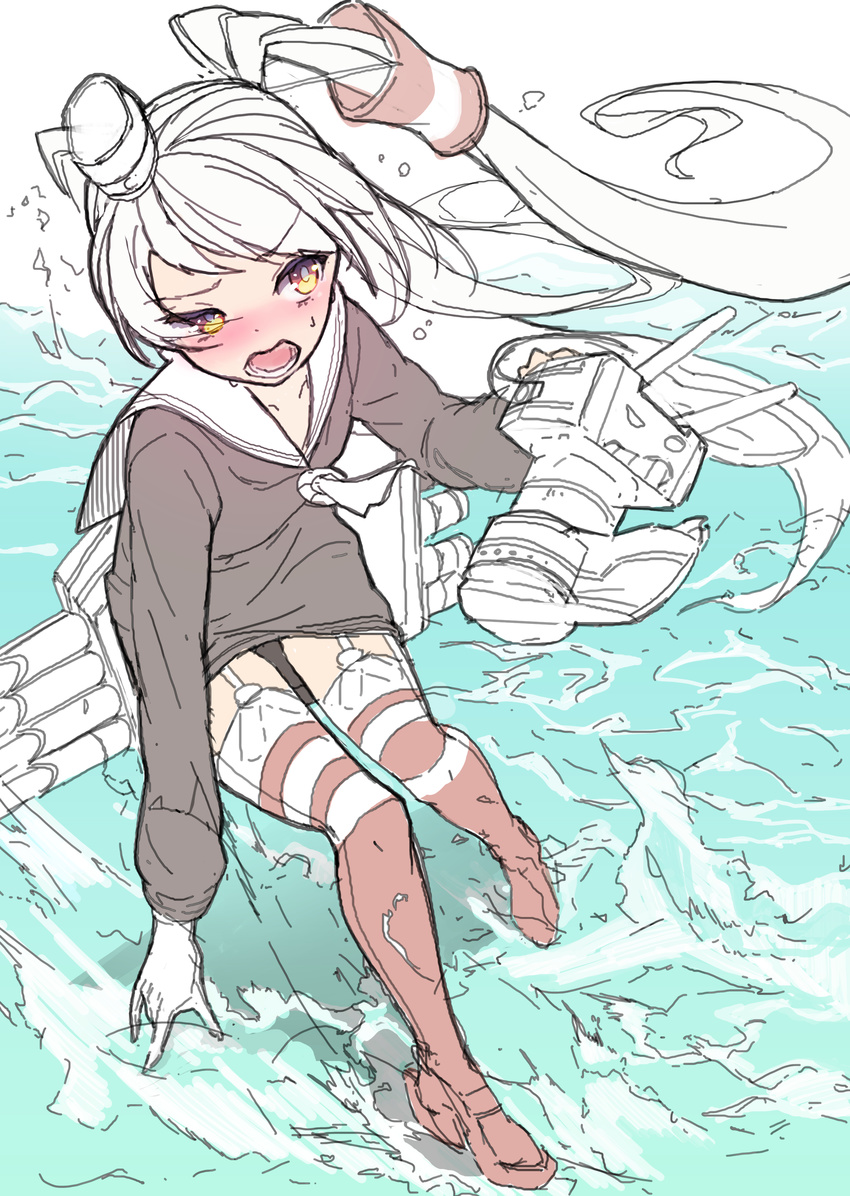 absurdres amatsukaze_(kantai_collection) bad_id bad_pixiv_id blush brown_eyes dress fukurou_(suga0930) garter_straps gloves hair_tubes highres kantai_collection long_hair open_mouth panties rensouhou-kun sailor_dress short_dress solo splashing striped striped_legwear thighhighs two_side_up underwear walking walking_on_liquid water white_hair