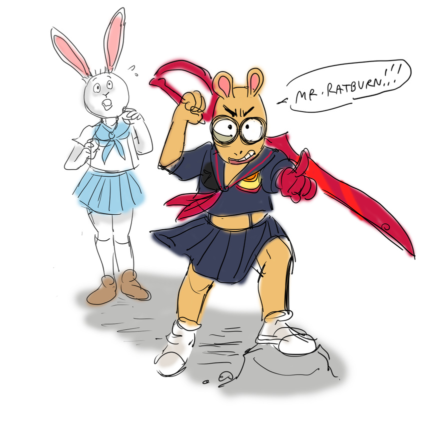 anteater anthro arthur_(series) arthur_read brown_fur buster_baxter cosplay crossover duo english_text eyewear fur glasses gloves kill_la_kill lagomorph mammal nigelratburning open_mouth plain_background rabbit scissors skirt sword teeth text weapon what white_fur