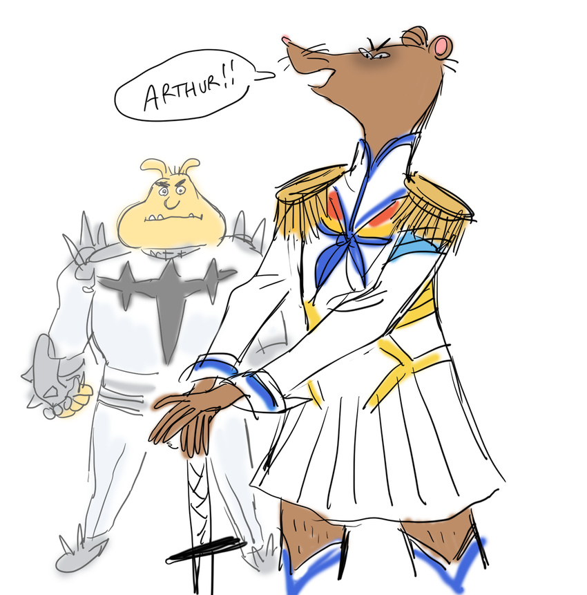 anthro arthur_(series) binky_barnes canine cosplay crossover dog duo kill_la_kill mammal mr_ratburn nigelratburning plain_background rat rodent sword weapon what