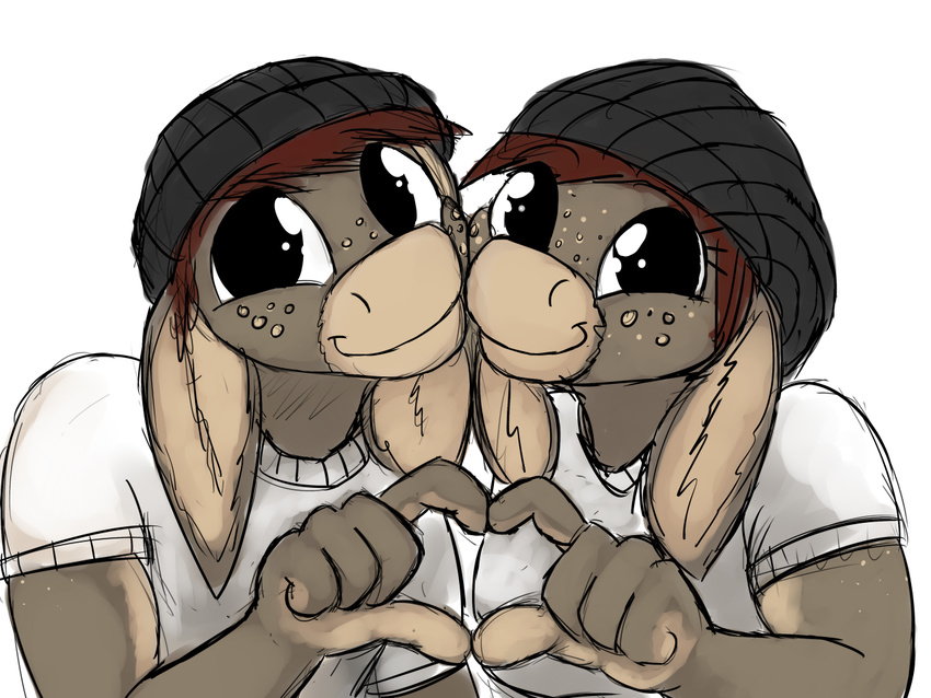 &lt;3 brown_hair clothed clothing cute donkey equine female freckles hair hand_gesture hat hladilnik male mammal sibling simple_background smile twins