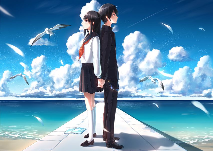 1girl back-to-back bangs beach bird black_eyes black_hair blunt_bangs cloud day gakuran holding_hands kneehighs long_hair ocean original outdoors phantania pleated_skirt school_uniform serafuku skirt sky water white_legwear