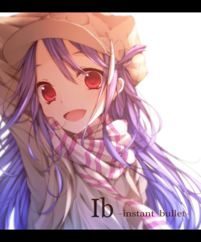 arm_up bad_id bad_pixiv_id coat dress dress_shirt face hat highres himeura_sera ib_-instant_bullet- letterboxed long_hair looking_at_viewer myu_s open_mouth purple_hair red_eyes scarf shirt simple_background smile solo upper_body very_long_hair white_background white_shirt