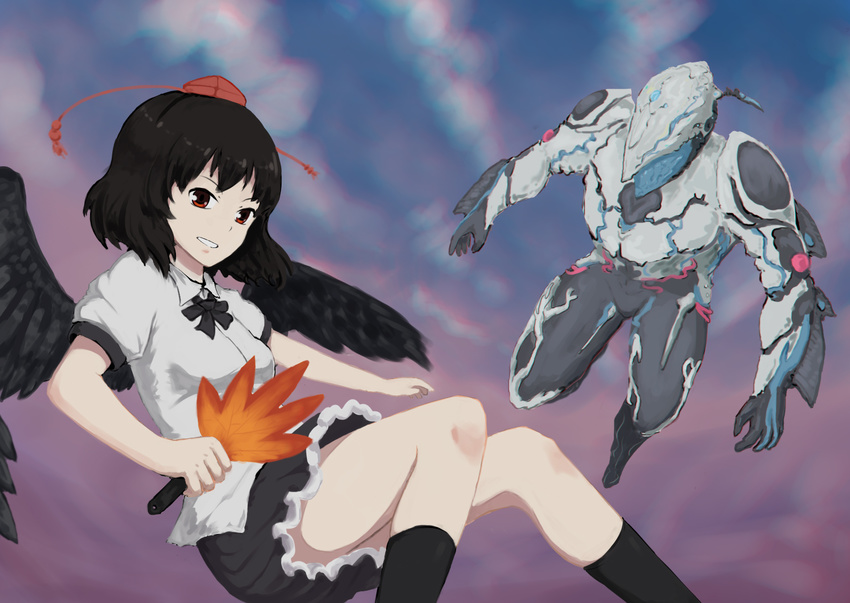 bird_wings black_hair black_skirt black_wings cloud crossover fan flying hat hat_ribbon hauchiwa highres ikastep looking_at_viewer multiple_girls pom_pom_(clothes) power_connection puffy_short_sleeves puffy_sleeves red_eyes ribbon shameimaru_aya shirt short_hair short_sleeves skirt sky smile socks tokin_hat touhou warframe white_shirt wings zephyr_(warframe)