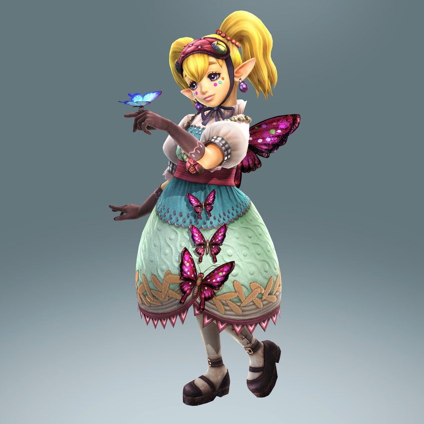 3d absurdres agitha blonde_hair blue_eyes butterfly dress earrings female full_body gloves gothic_lolita gradient gradient_background highres jewelry lolita_fashion long_hair nintendo official_art pendant pointy_ears solo the_legend_of_zelda the_legend_of_zelda:_twilight_princess twilight_princess twintails zelda_musou