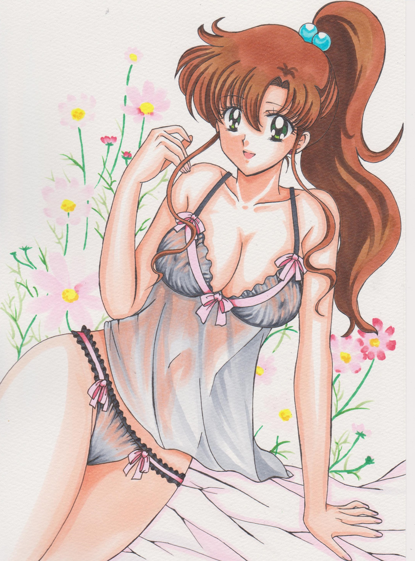 absurdres arm_support babydoll bad_id bad_pixiv_id bishoujo_senshi_sailor_moon breasts brown_hair cameltoe cleavage collarbone covered_nipples flower green_eyes highres kino_makoto large_breasts lingerie long_hair looking_at_viewer lying panties pinup ponytail rascal_(n119) see-through smile solo traditional_media underwear