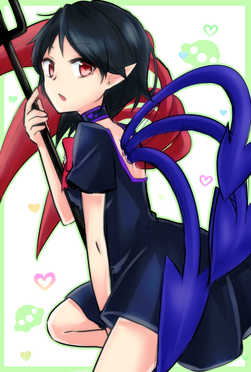asymmetrical_wings between_legs black_dress black_hair blue_wings border bow bowtie cowboy_shot dress flying_saucer green_border hand_between_legs heart highres hong_wang houjuu_nue looking_at_viewer looking_to_the_side open_mouth pointy_ears polearm red_eyes red_wings short_hair solo space_craft touhou trident ufo weapon wings