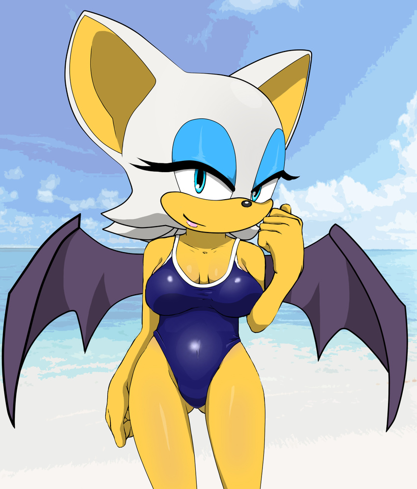 2015 anthro bat big_breasts breasts cleavage clothed clothing female jetfrozen looking_at_viewer mammal rouge_the_bat sega smile sonic_(series) swimsuit wings