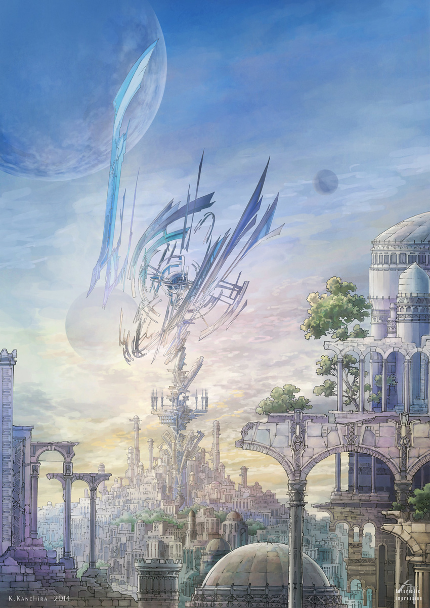 bridge broken city commentary_request day fantasy graphite_(medium) highres k_kanehira magic moon multiple_moons no_humans original outdoors pillar ruins scenery science_fiction sky tower traditional_media tree