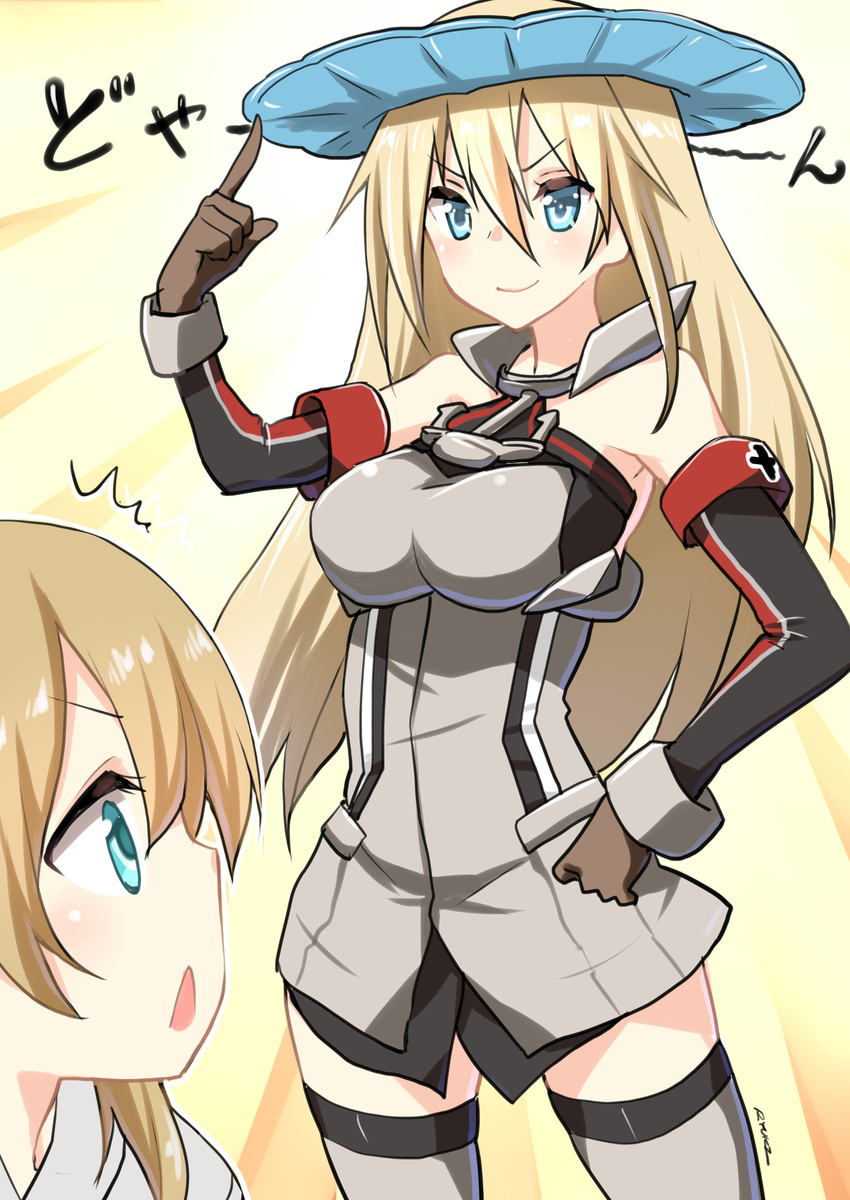 :o absurdres aqua_eyes bismarck_(kantai_collection) blonde_hair blue_eyes breasts commentary_request detached_sleeves doyagao elbow_gloves gloves grey_legwear hat highres kantai_collection large_breasts long_hair looking_at_another multiple_girls prinz_eugen_(kantai_collection) ryuki_(ryukisukune) shampoo_hat thighhighs