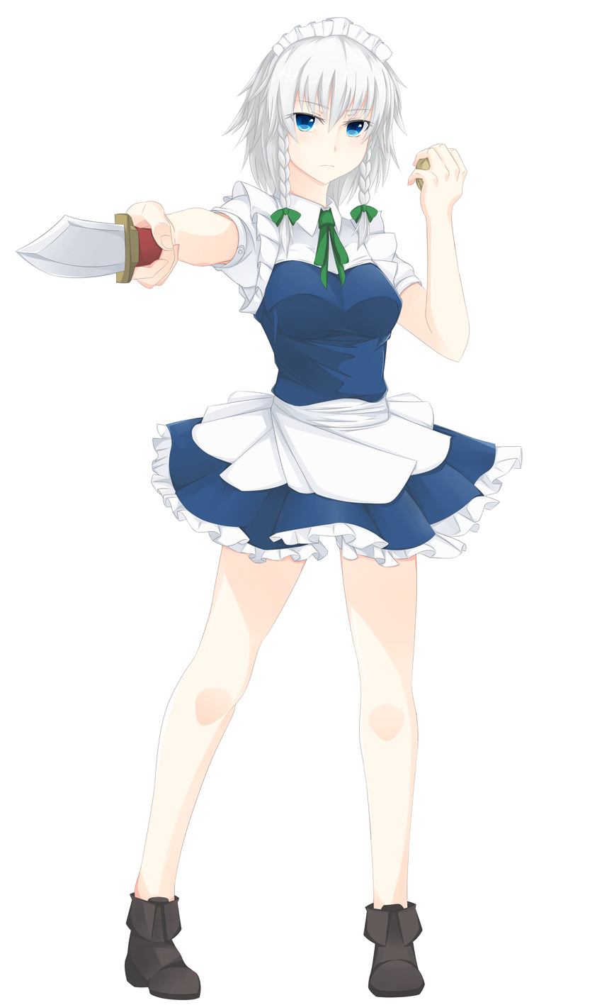 absurdres apron bad_id bad_pixiv_id blue_eyes collared_shirt dress frilled_shirt frilled_shirt_collar frills frown highres izayoi_sakuya knife looking_at_viewer maid maid_apron maid_headdress pocket_watch pointing pointing_at_viewer puffy_short_sleeves puffy_sleeves serious shirt short_hair short_sleeves solo surota touhou watch white_hair