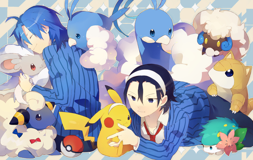 2boys altaria blue_hair cinccino hairband manami_sangaku mareep multiple_boys pikachu poke_ball pokeball pokemon sandshrew shaymin shiny_pokemon swablu toudou_jinpachi whimsicott yowamushi_pedal