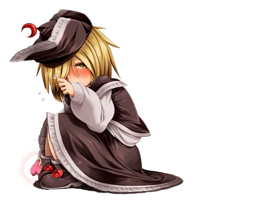 blonde_hair blush chocolate chocolate_heart flying_sweatdrops hair_ornament hand_in_hair harusame_(unmei_no_ikasumi) hat heart highres long_sleeves looking_at_viewer lunasa_prismriver playing_with_own_hair shirt sitting skirt skirt_set solo touhou valentine vest