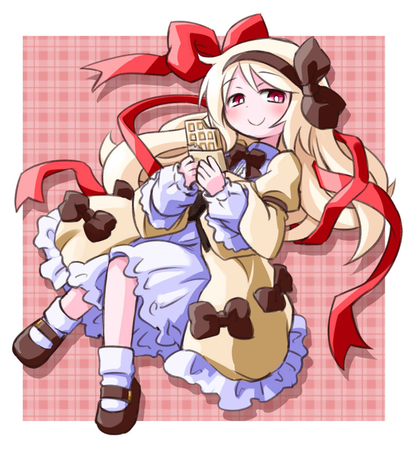 blonde_hair bow chocolate dress hair_bow highres kugelschreiber long_hair looking_at_viewer original red_eyes ribbon smile solo white_chocolate