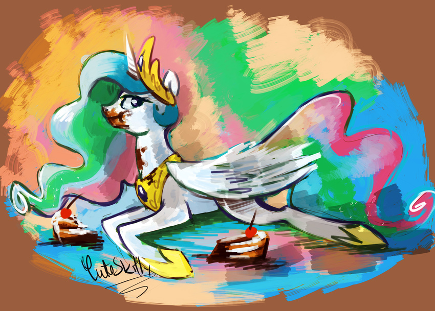 abstract_background cake cuteskitty eating equine female feral food friendship_is_magic fur hair horn horse mammal multicolored_hair my_little_pony pony princess_celestia_(mlp) solo tiara white_fur winged_unicorn wings