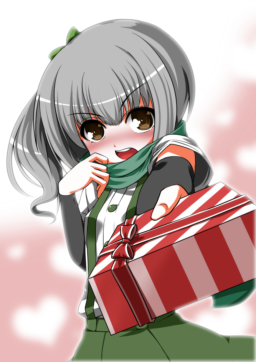 absurdres blush bow box brown_eyes eiyuu_(eiyuu04) full-face_blush gift gift_box giving gradient gradient_background grey_hair hair_bow heart heart_background highres kantai_collection kasumi_(kantai_collection) looking_at_viewer open_mouth outstretched_arm scarf short_hair side_ponytail solo suspenders