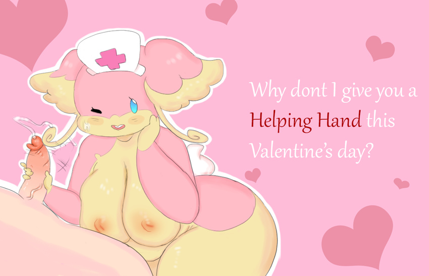 audino big_breasts big_butt big_thighs blush breasts butt chubby cum english_text female handjob holidays hoshime humor looking_at_viewer male nintendo nurse_hat one_eye_closed open_mouth orgasm penis pok&eacute;mon pun smut-valerian straight text valentine's_day video_games