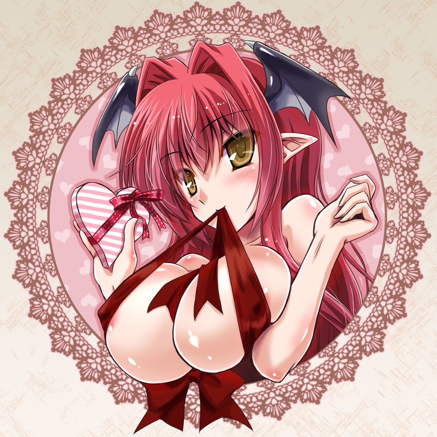 areolae bat_wings box breasts covered_nipples gift gift_box hair_intakes head_wings heart-shaped_box highres koakuma large_breasts long_hair looking_at_viewer mouth_hold naked_ribbon nude pointy_ears red_hair ribbon smile solo touhou upper_body valentine wings yamu_(reverse_noise) yellow_eyes