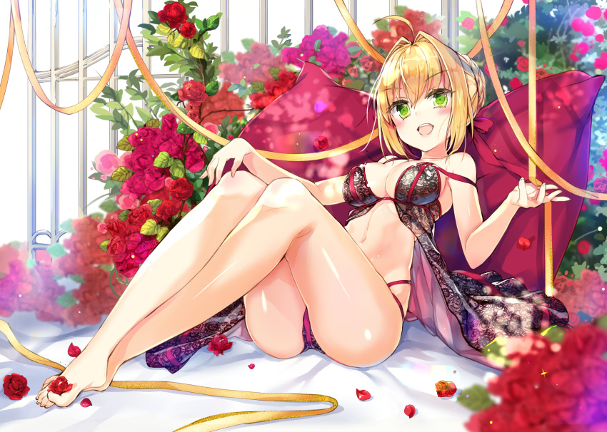 barefoot blonde_hair blush breasts fate/grand_order fate_(series) flowers green_eyes jin_young-in panties petals rose saber saber_extra short_hair underwear