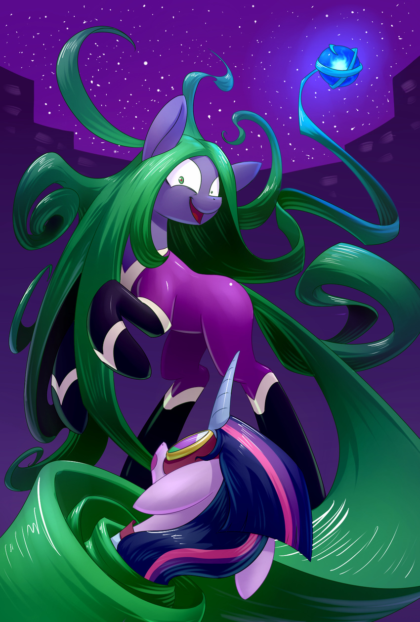 2015 building city costume energy equine eyewear female friendship_is_magic goggles green_eyes green_hair hair horn horse long_hair mammal mane-iac_(mlp) mask my_little_pony night orb outside pony red_eyes skinsuit star tentacles twilight_sparkle_(mlp) underpable winged_unicorn wings