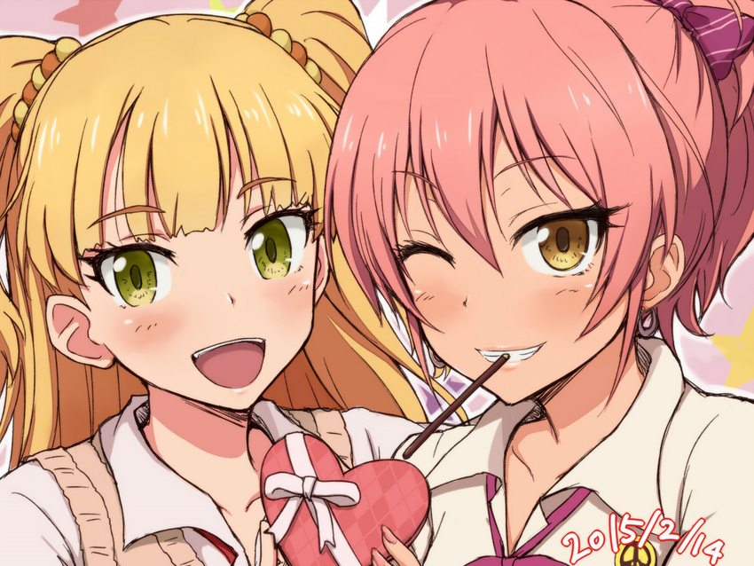 :d blonde_hair blush chocolate chocolate_heart dated food green_eyes heart idolmaster idolmaster_cinderella_girls jougasaki_mika jougasaki_rika long_hair multiple_girls negija one_eye_closed open_mouth pink_hair pocky ponytail short_hair siblings sisters smile tsurime valentine yellow_eyes