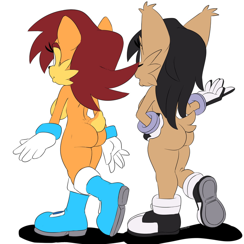 archie_comics back breasts butt feline invalid_tag lynx mammal nicole_the_lynx rodent sally_acorn sega side_boob sonic_(series) squirrel