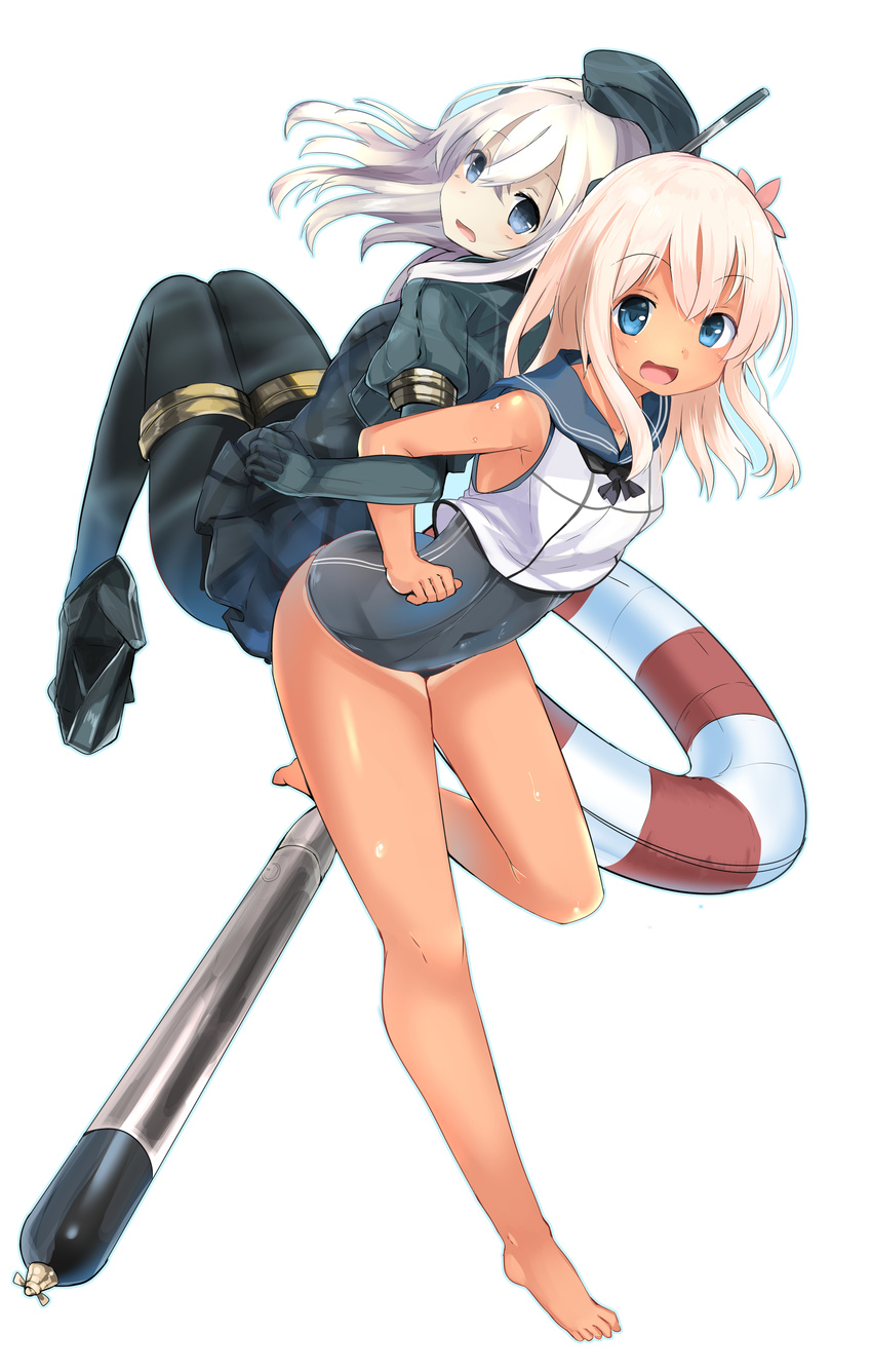 :d absurdres barefoot bent_over black_legwear blue_eyes dual_persona haik hair_ornament hat highres innertube kantai_collection locked_arms long_hair looking_at_viewer multiple_girls open_mouth pale_skin pantyhose ro-500_(kantai_collection) school_swimsuit school_uniform serafuku silver_hair simple_background smile swimsuit swimsuit_under_clothes tan tanline torpedo u-511_(kantai_collection) white_background