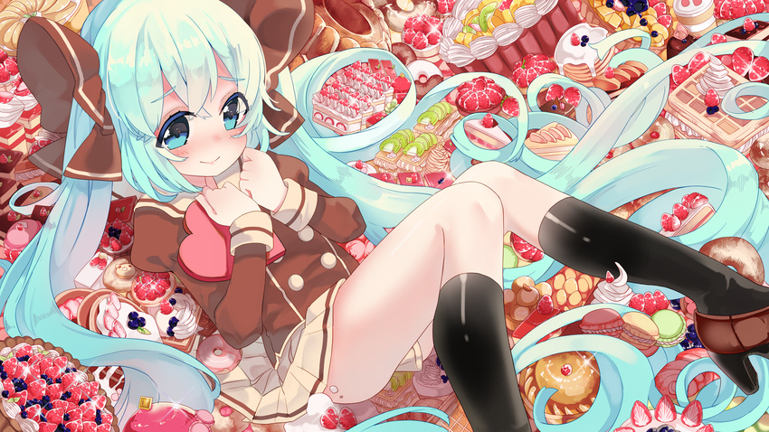 bad_id bad_pixiv_id blue_eyes blue_hair cake doughnut food fruit hair_ribbon hatsune_miku highres kinokoko-kino long_hair looking_at_viewer lying macaron pleated_skirt ribbon school_uniform skirt smile solo strawberry strawberry_shortcake twintails very_long_hair vocaloid