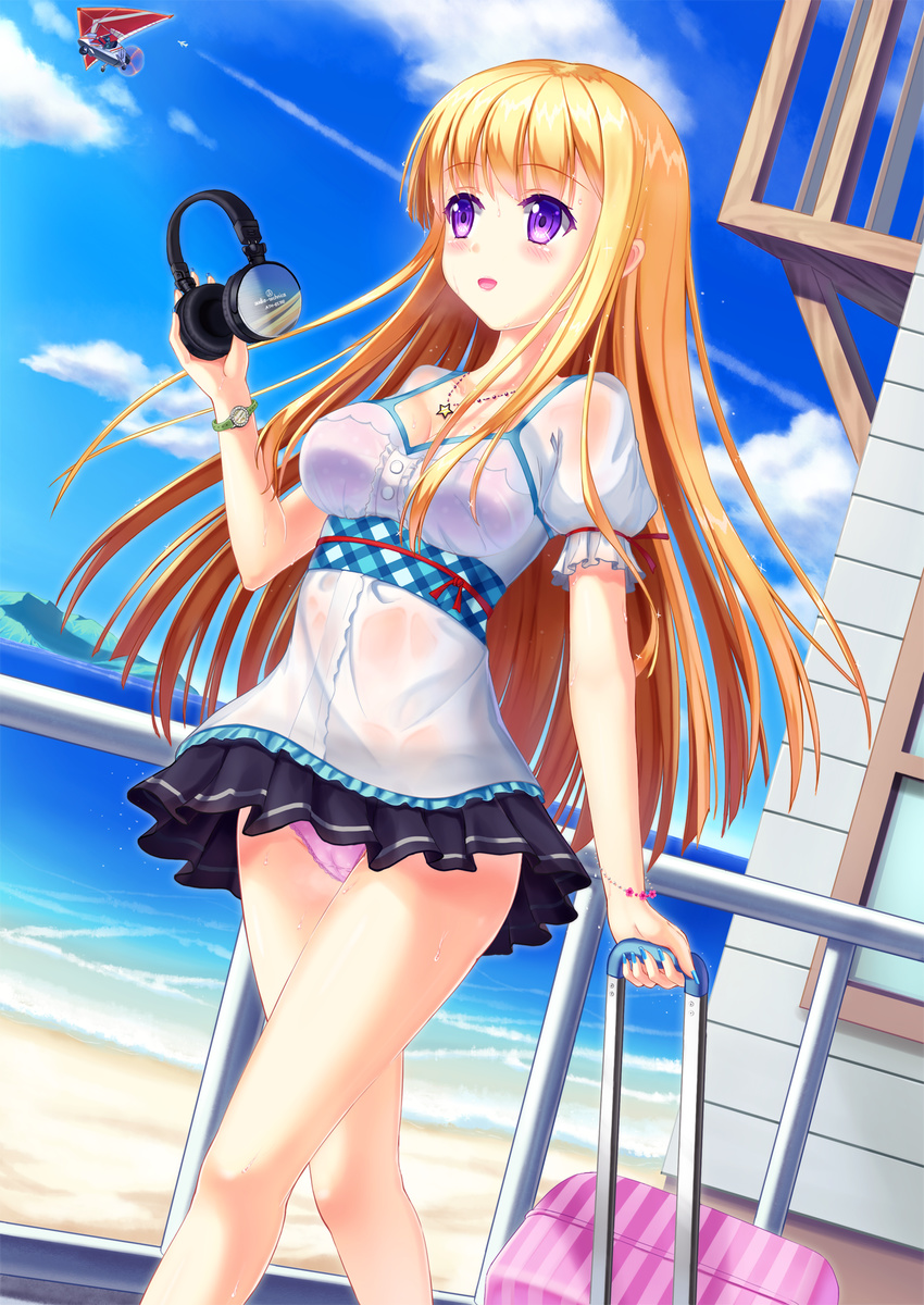 bangs beach blonde_hair blush breasts cloud commentary_request condensation_trail day dutch_angle eyebrows_visible_through_hair headphones highres jewelry large_breasts long_hair necklace ocean original outdoors panties pantyshot purple_eyes skirt sky solo star star_necklace underwear walking water wet wet_clothes yurina