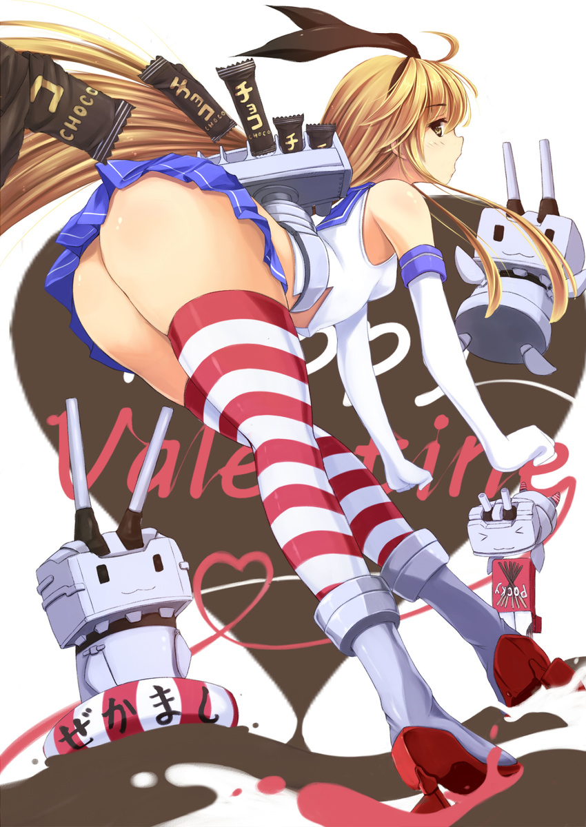 &gt;_&lt; :3 ass blue_skirt chocolate closed_eyes cyoppu elbow_gloves food gloves hairband highres kantai_collection lifebuoy pocky rensouhou-chan shimakaze_(kantai_collection) skirt striped striped_legwear thighhighs valentine white_gloves yellow_eyes