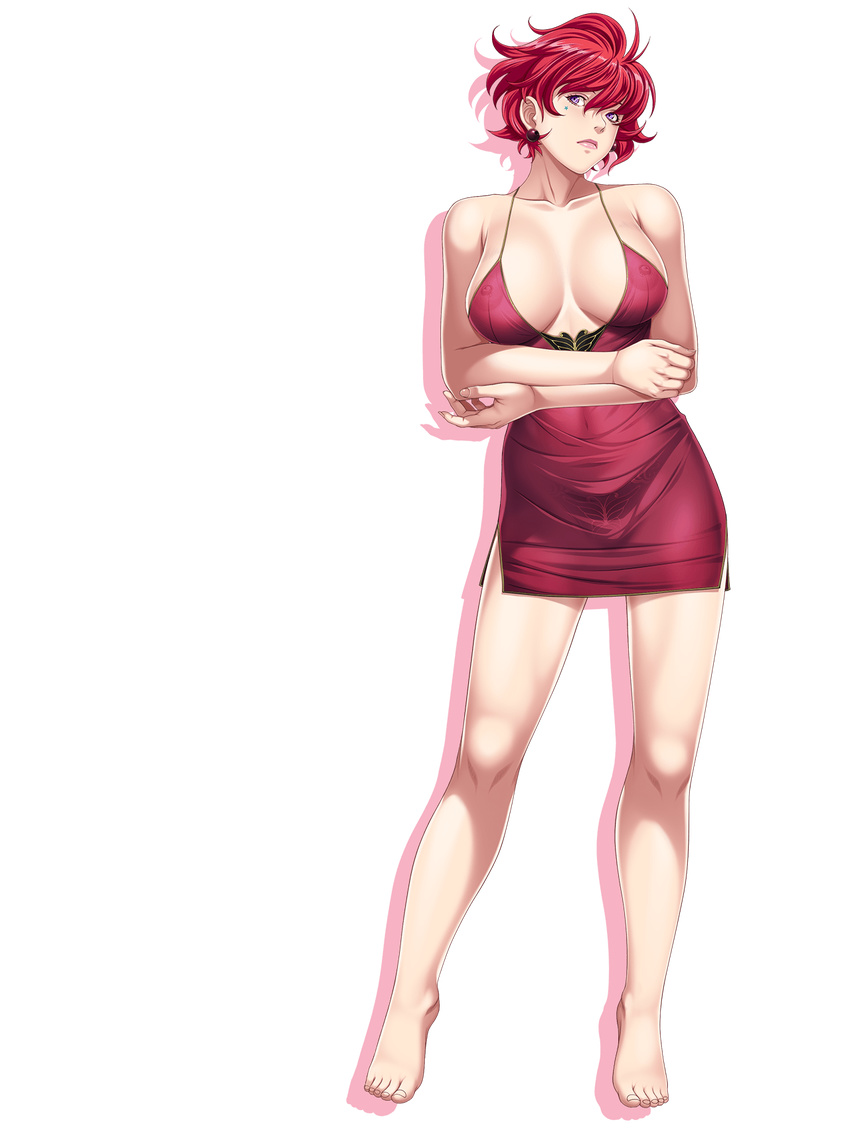 bare_shoulders barefoot breasts chemise cleavage closed_game contrapposto dress earrings empress empress_(studio) facial_tattoo feet game_cg highleg highleg_panties highres jewelry large_breasts legs looking_at_viewer michiko_verxina no_bra panties purple_eyes red_hair revealing_clothes see-through sei_shoujo short_hair simple_background solo standing star_tattoo tattoo thighs toes transparent_background underwear white_background