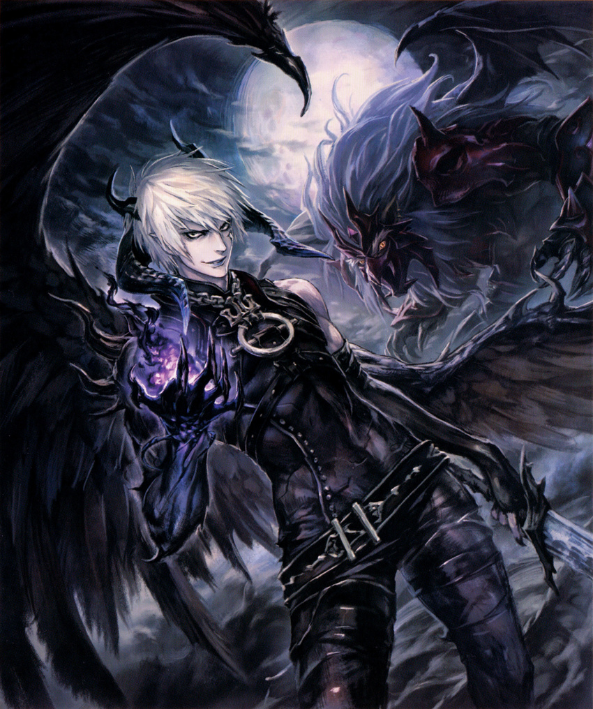 animal artist_request azazel_(shingeki_no_bahamut) bare_shoulders belt black_feathers black_gloves black_pants black_shirt black_wings blue_lipstick elbow_gloves feathered_wings feathers full_moon gloves highres holding holding_sword holding_weapon horns lips lipstick looking_at_viewer magic makeup male_focus moon night night_sky open_mouth pants shingeki_no_bahamut shingeki_no_bahamut:_genesis shirt short_hair sky smirk solo sword weapon white_hair wings