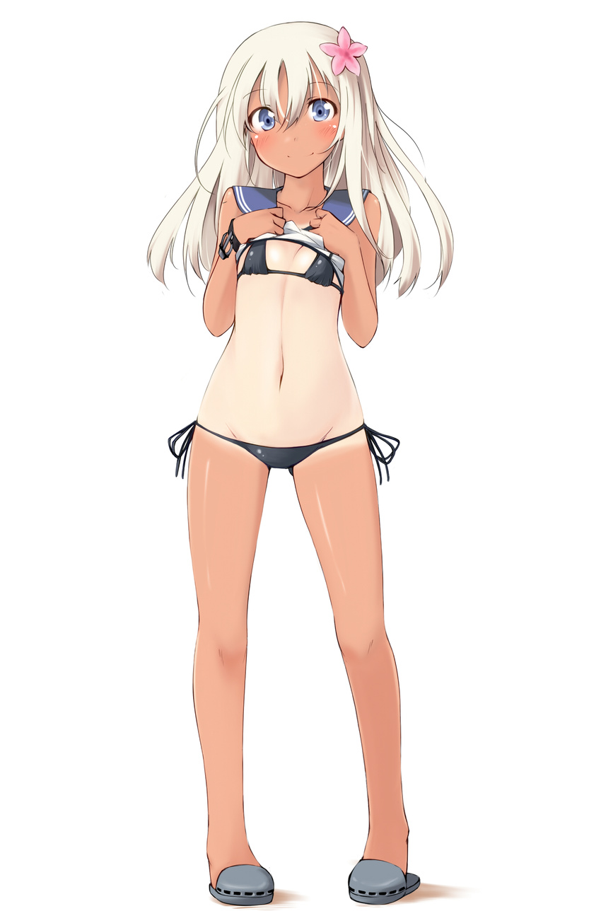 bikini bikini_under_clothes blonde_hair blue_eyes blush flower hair_flower hair_ornament hands_on_own_chest highres kaminagi_(kaminagi-tei) kantai_collection long_hair looking_at_viewer navel one-piece_tan ro-500_(kantai_collection) school_uniform serafuku shirt_lift side-tie_bikini solo swimsuit swimsuit_under_clothes tan tanline