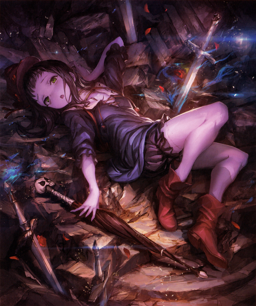 ankle_boots aura backpack bag black_hair bloomers boots closed_umbrella fallen_down green_eyes hat highres lace-up_top lens_flare lm7_(op-center) looking_at_viewer pale_skin petals planted_sword planted_weapon red_footwear rita_(shingeki_no_bahamut:_genesis) rock rucksack scared shingeki_no_bahamut shingeki_no_bahamut:_genesis short_hair skull_handle solo stitches surprised sword umbrella underwear weapon