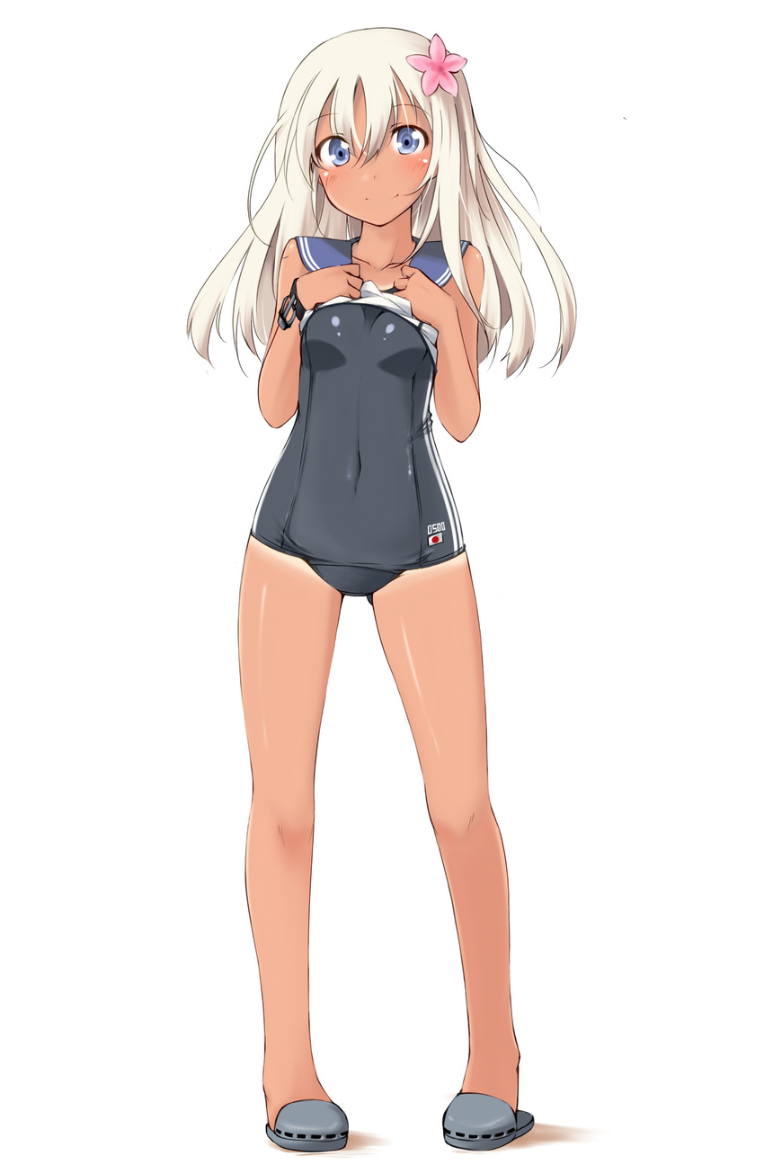 blonde_hair blue_eyes blush breasts covered_navel flower hair_flower hair_ornament hands_on_own_chest highres kaminagi_(kaminagi-tei) kantai_collection long_hair looking_at_viewer ro-500_(kantai_collection) school_swimsuit school_uniform serafuku shirt_lift small_breasts solo standing swimsuit swimsuit_under_clothes tan tanline