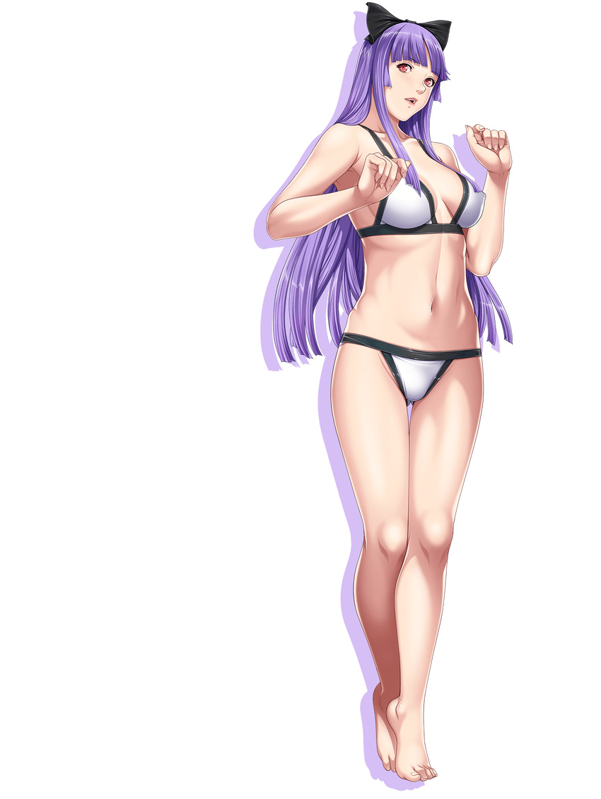 1girl bangs barefoot bikini blunt_bangs blush bra breasts cleavage closed_game cocona_stember cocona_stemper empress empress_(studio) erect_nipples feet game_cg hair_ribbon highres large_breasts legs long_hair looking_at_viewer navel open_mouth panties purple_eyes purple_hair red_eyes ribbon sei_shoujo simple_background solo standing swimsuit thighs toes transparent_background underwear white_background
