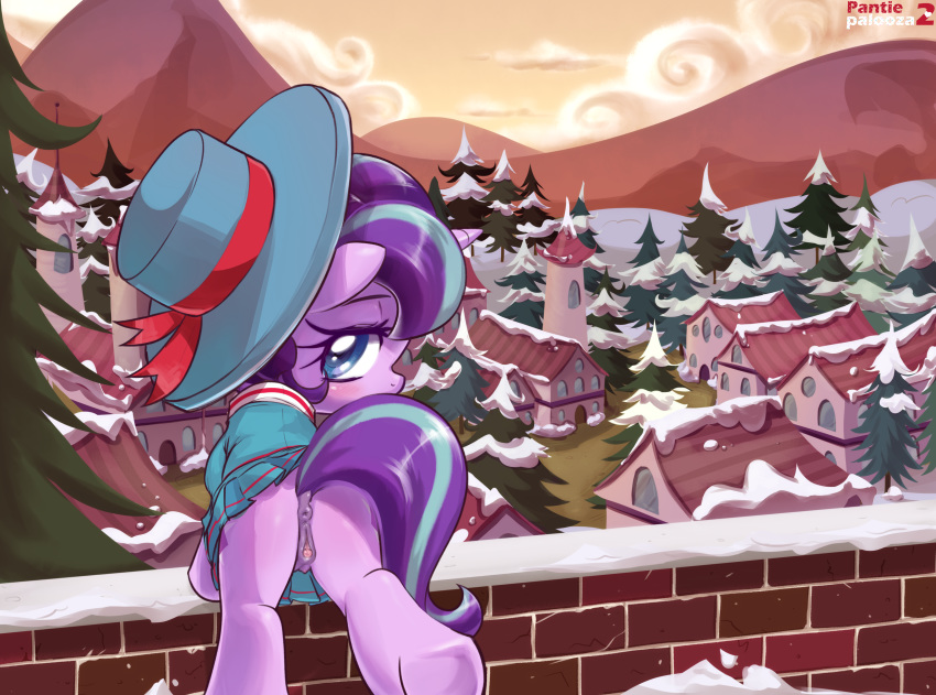 2019 anus bed blush building butt clitoral_winking clitoris clothed clothing cutie_mark dock equine female feral friendship_is_magic hair hat horn house landscape looking_at_viewer looking_back mammal multicolored_hair my_little_pony outside pestil presenting presenting_pussy pussy sky solo starlight_glimmer_(mlp) tree two_tone_hair unicorn village wall_(disambiguation)