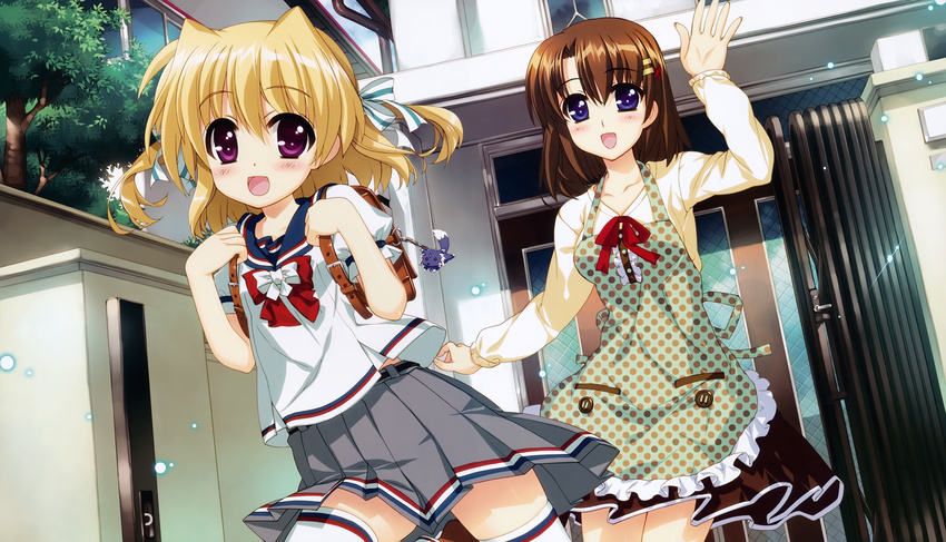 :d absurdres apron blue_eyes brown_hair fujima_takuya happy highres huge_filesize lyrical_nanoha mahou_shoujo_lyrical_nanoha_strikers multiple_girls open_mouth polka_dot polka_dot_apron scan school_uniform shamal smile two_side_up yagami_hayate younger zafira