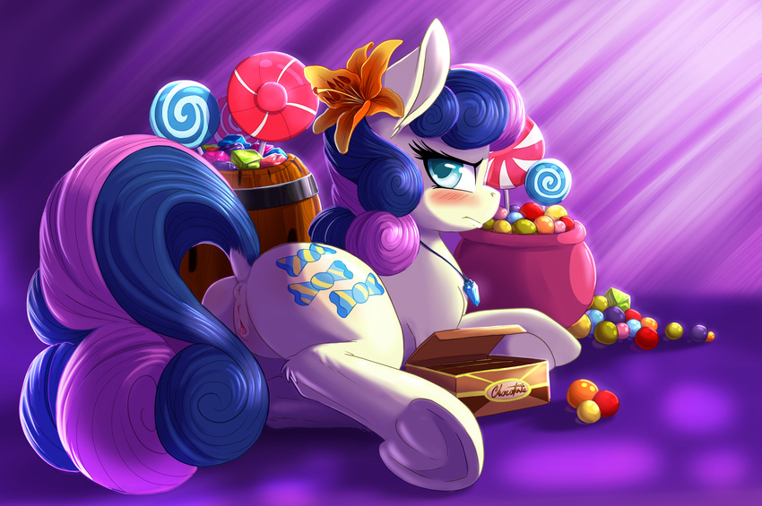 2015 anus barrel blush bonbon_(mlp) butt candy cutie_mark dock earth_pony equine female feral flower food friendship_is_magic hair hi_res hooves horse looking_at_viewer mammal my_little_pony plant pony pusspuss pussy solo two_tone_hair underhoof