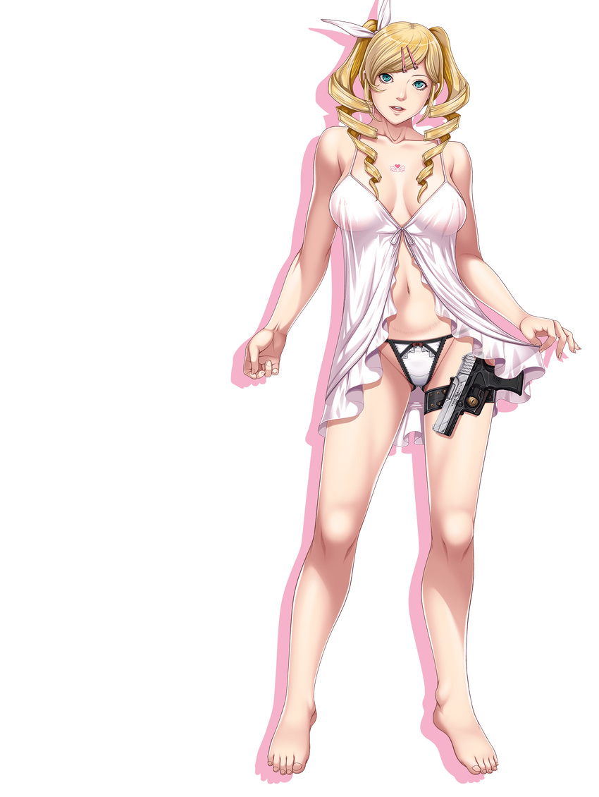 1girl aqua_eyes babydoll bare_shoulders barefoot blonde_hair blue_eyes breasts celine_verxina cleavage closed_game drill_hair empress empress_(studio) feet game_cg gun handgun highres large_breasts legs looking_at_viewer navel open_mouth panties pistol sei_shoujo simple_background smile solo standing tattoo thigh_strap thighs toes transparent_background twin_drills twintails underwear weapon white_background
